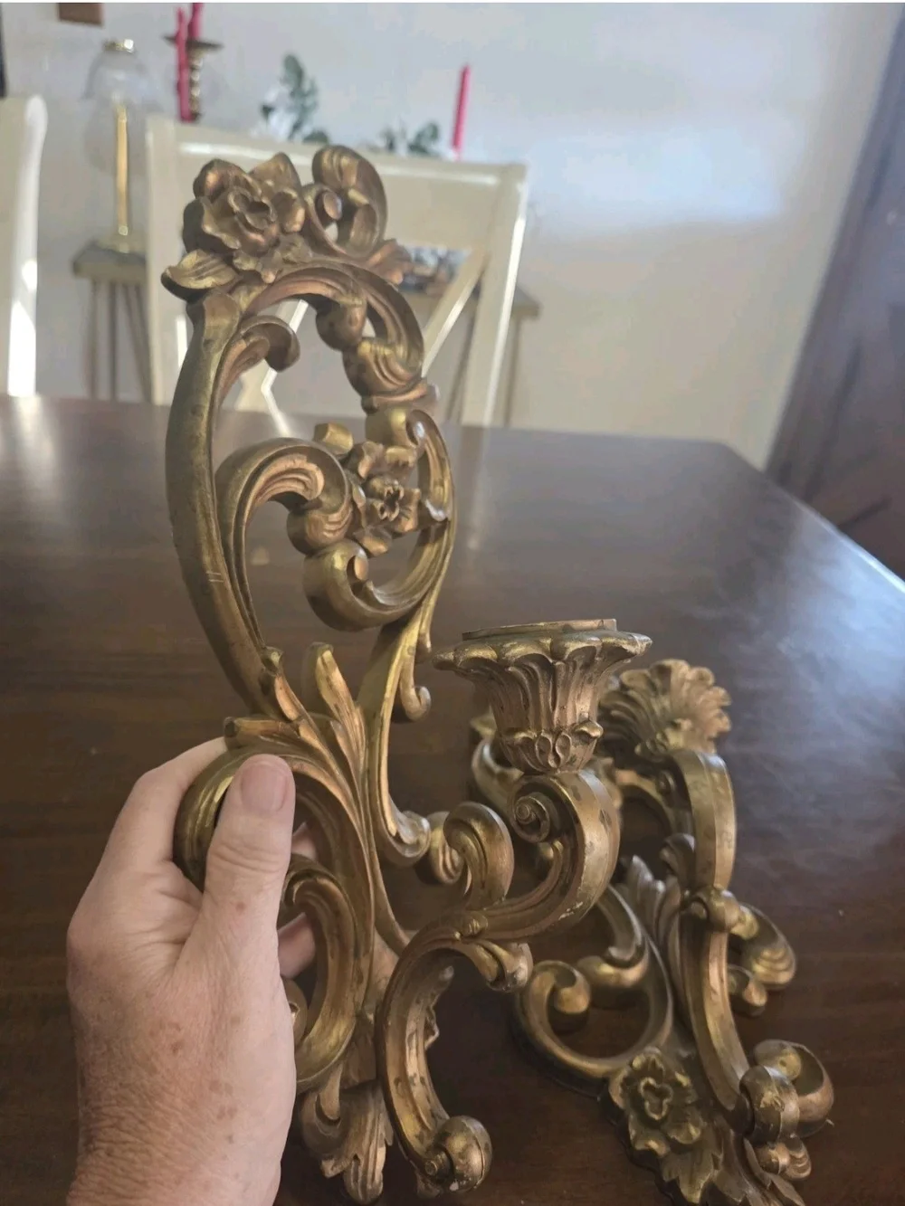 Homco 4118 Vintage Gold Wall Sconce Candle Holder Ornate Resin USA 15”(C34)